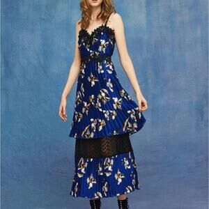 FOXIEDOX Carmella Pleated Maxi Dress Blue Satin Floral Black Lace Sz 4 {3Q27}